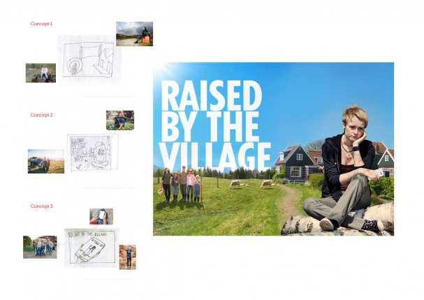 Design of Key art for the Raised By The Village pilot The artwork was designed utilising stock imagery to create a visual for the look and feel of this new show with no exiting assets. Initial concepts were visualised in scamps with reference imagery to give context and presented to the client. The final artwork was worked up as high quality visual for use in a show caralogue.