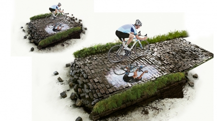 Retouching of a campaign visual of a cobble road photo shoot when the client decided more road was needed. I created the same worn cobble effect with perspective then blended it into the original image. 3 Days Photoshop.