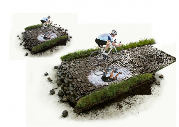 Retouching of a campaign visual of a cobble road photo shoot when the client decided more road was needed. I created the same worn cobble effect with perspective then blended it into the original image. 3 Days Photoshop.