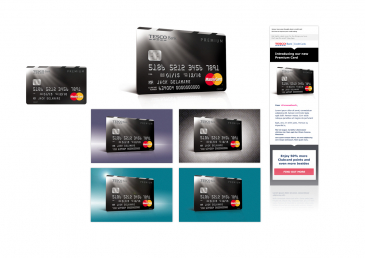 Tesco Premium card launch, the brief was to take the flat card artwork and produce a visual with a premium look and feel for use in web mail and other collateral. My main inspiration was to give the card a 3D feel using perspective and to light it in the styal of an apple product. Photoshop 4 hours.